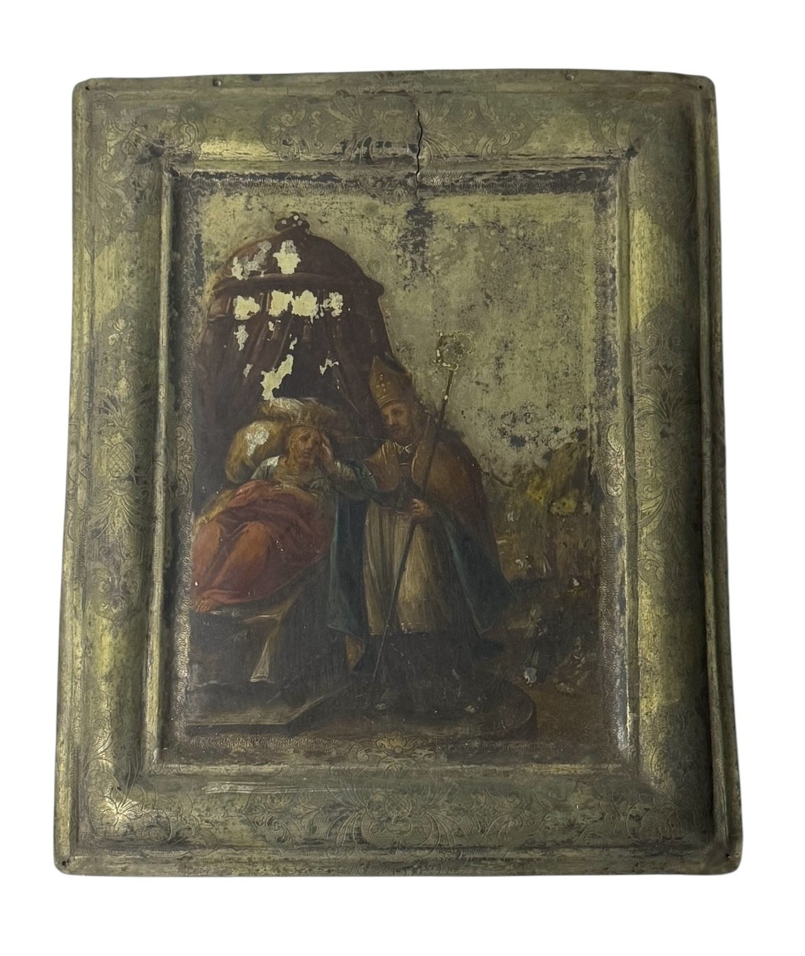 19th-Century Russian Religious Scene on Embossed Metal Panel