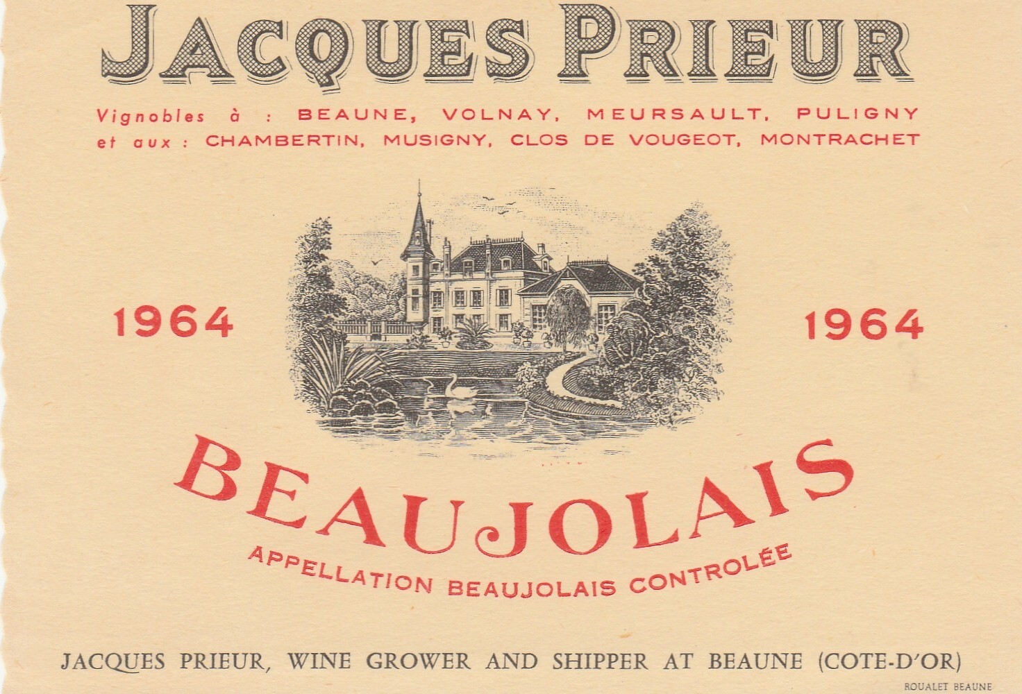 1964 Jacques Prieur Beau Jolais Estate Vintage Wine Bottle Label