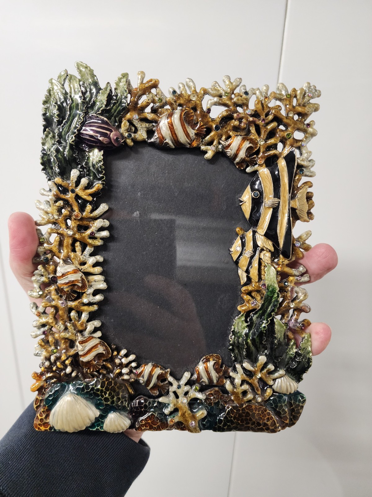 Rare, Vintage Enamel, Metal Picture Frame. Ocean. Sea. Fish. Coral. Fits 4 x 6