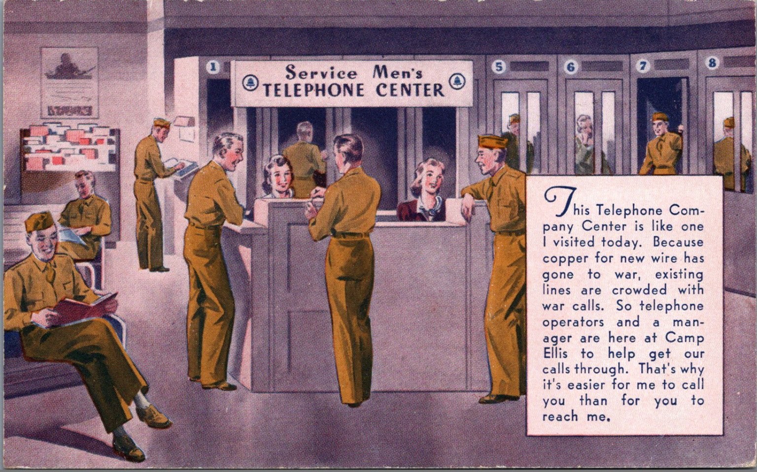 WWII Camp Ellis Service Men\'s Telephone Center Postcard 1944 Peoria IL