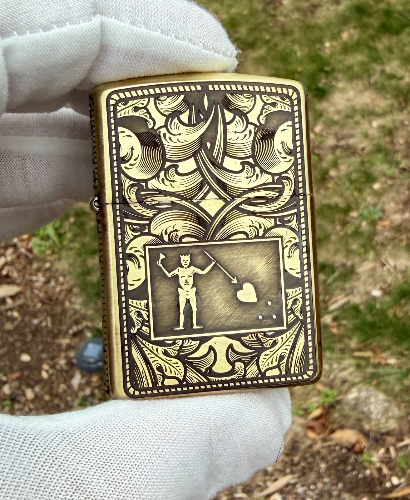 5-Side Engraved Brass Armor Zippo Lighter – Blackbeard Jolly Roger Filigree USA