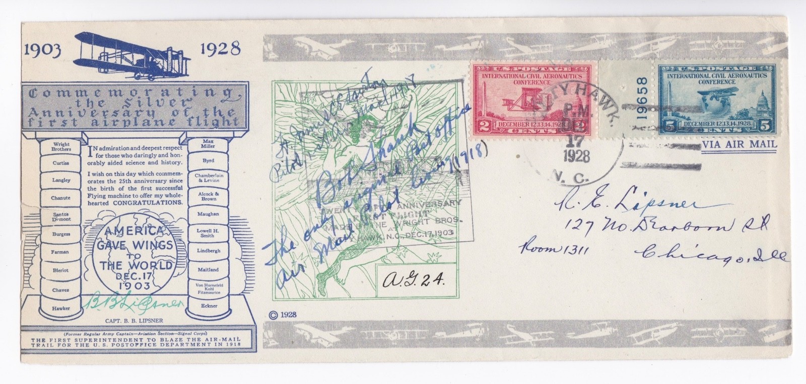 1928 Autographed Wright Brothers Kitty Hawk Commemorative Envelope 1928 Autographed Wright Brothers Kitty Hawk Commemorative Envelope