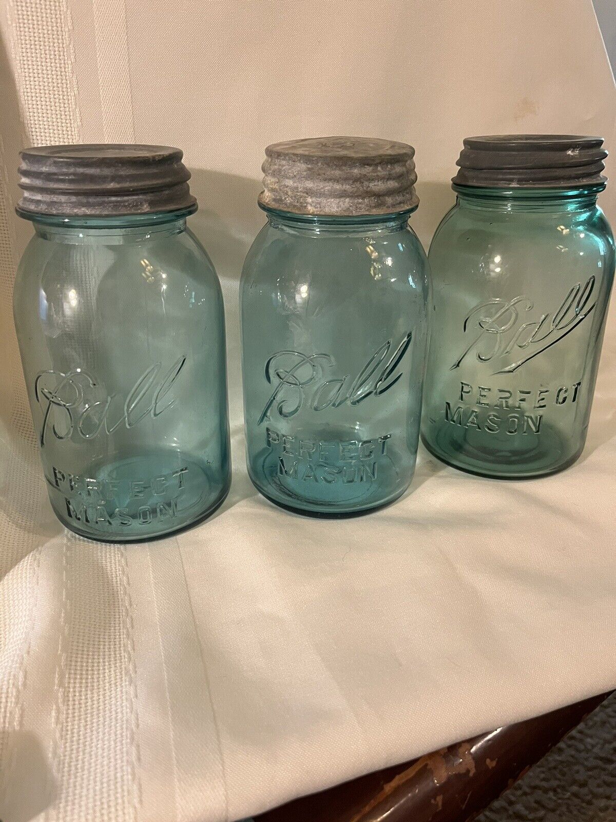 Three(3) Different Vintage Blue Ball Perfect Mason Quart Jars With Zinc Lids.