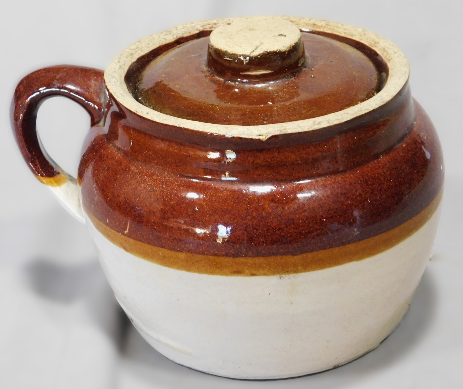 Antique USA Stoneware Bean Pot Crock Lid Brown Tan Two Tone Glaze early 20th c.