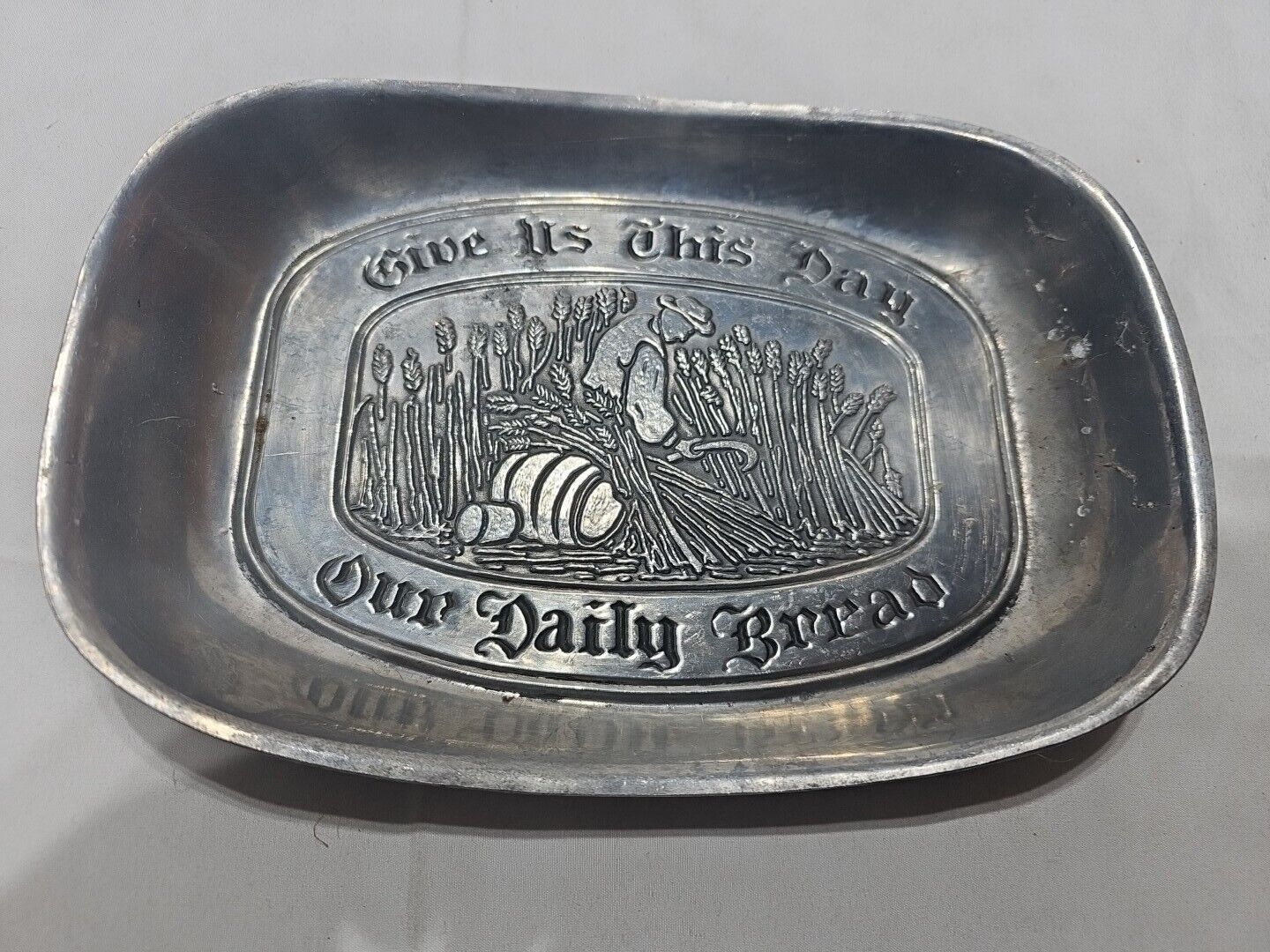 Vintage Duratale By Leonard Pewter Bowl Plate “Give Us this Day Our Daily Bread