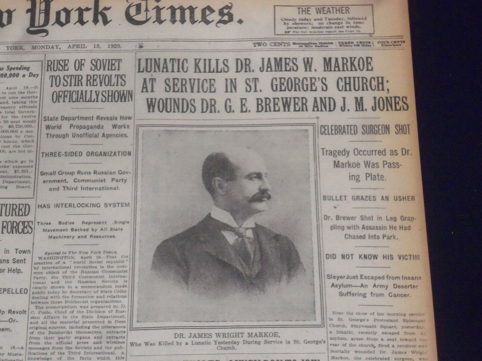 1920 APRIL 19 NEW YORK TIMES - LUNATIC KILLS DR. JAMES W. MARKOE - NT 8300