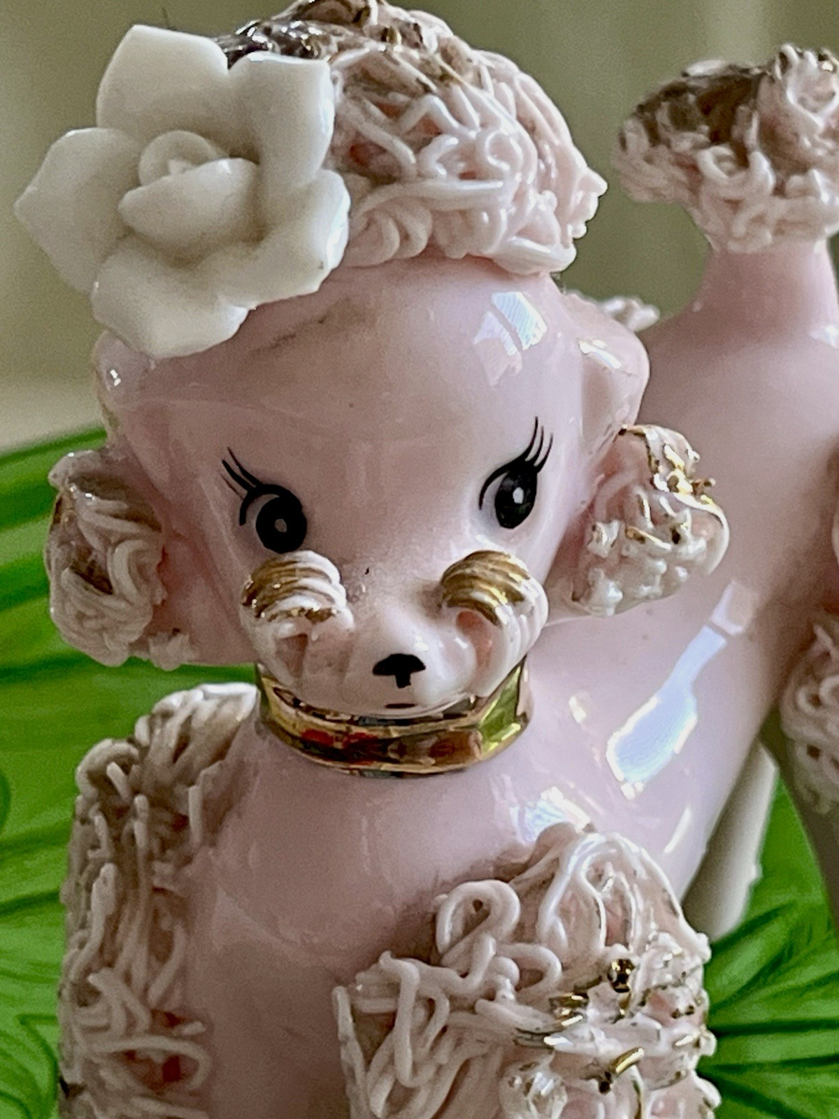 Napco Vintage Pink Porcelain Poodle Figurine Spaghetti Trim Flower Gold Collar
