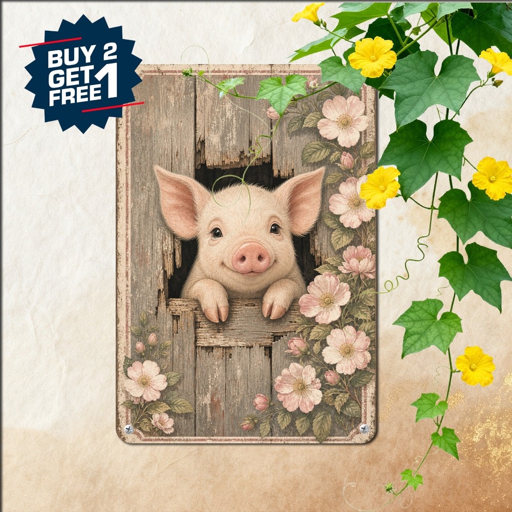 Pink Blossom Farmhouse Decor Cute Pig Peeking Over Fence Metal Tin Sign