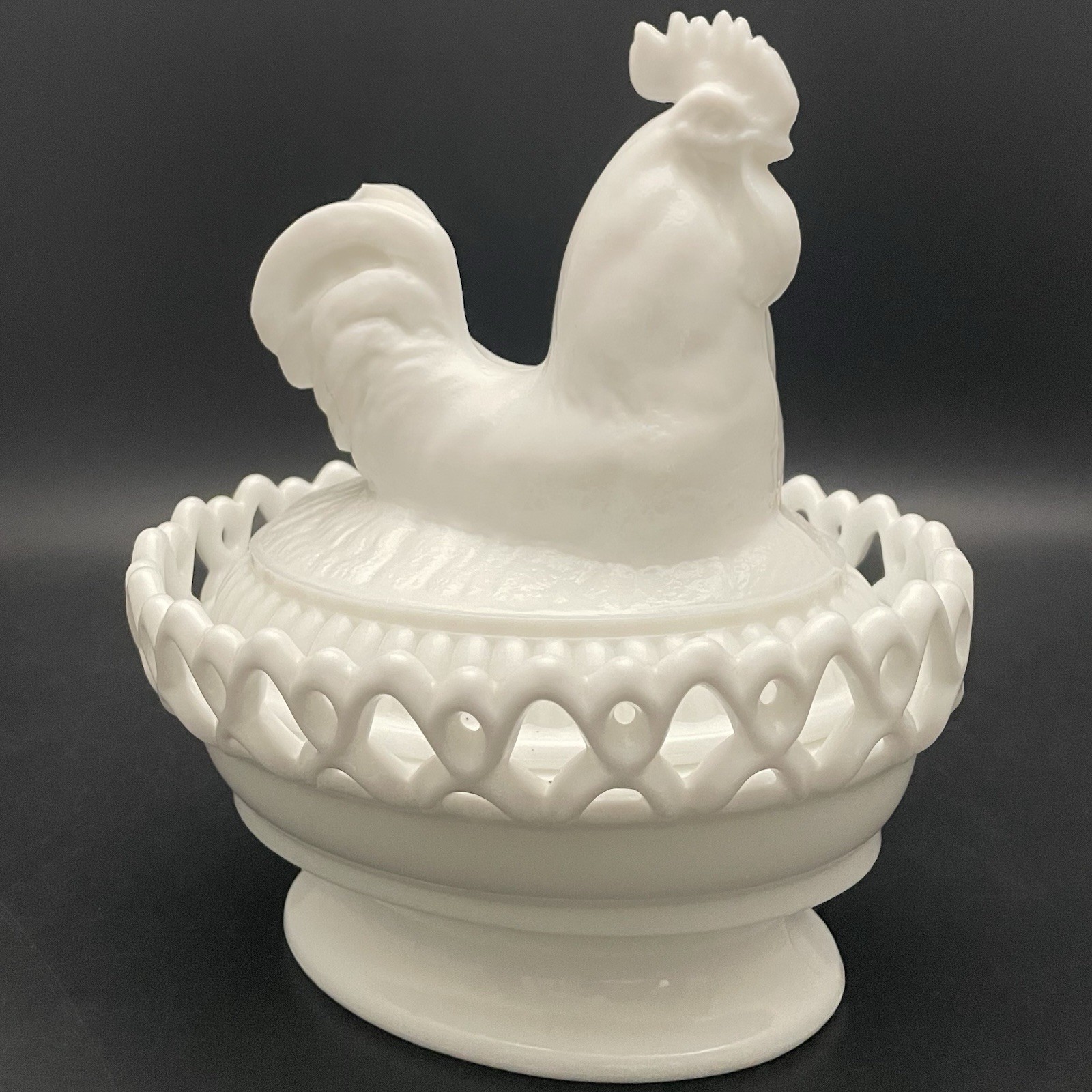 Imperial White Milk Glass Rooster on Nest Salt Cellar/Candy Dish c1960s USA 8