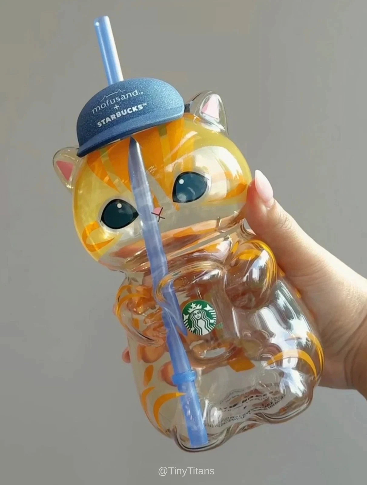 2026 Starbucks Inspired Cute Orange Cat Glass Cup Blue Straw Cap Kawaii Tumbler#