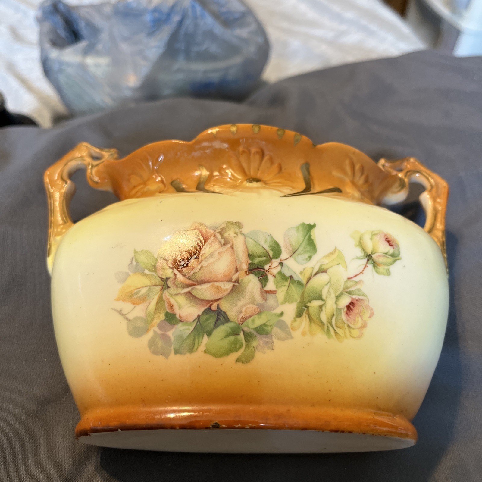 Vtg Porcelain Bowl With Ornate Handle And Roses