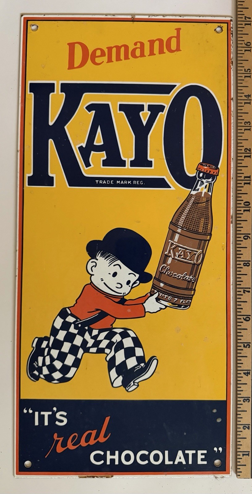 Vintage Kayo Chocolate Soda Porcelain Enamel Metal Sign 8x17 Ande Rooney