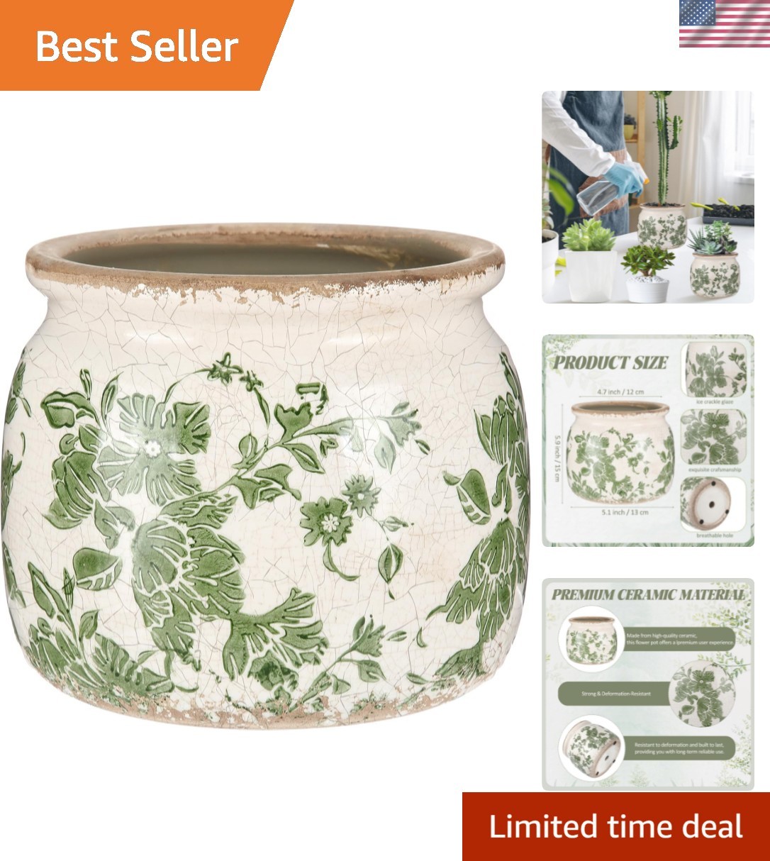 Vintage Planter Large Ceramic Plants Pot Beige Green Vintage Floral Ice Crack...