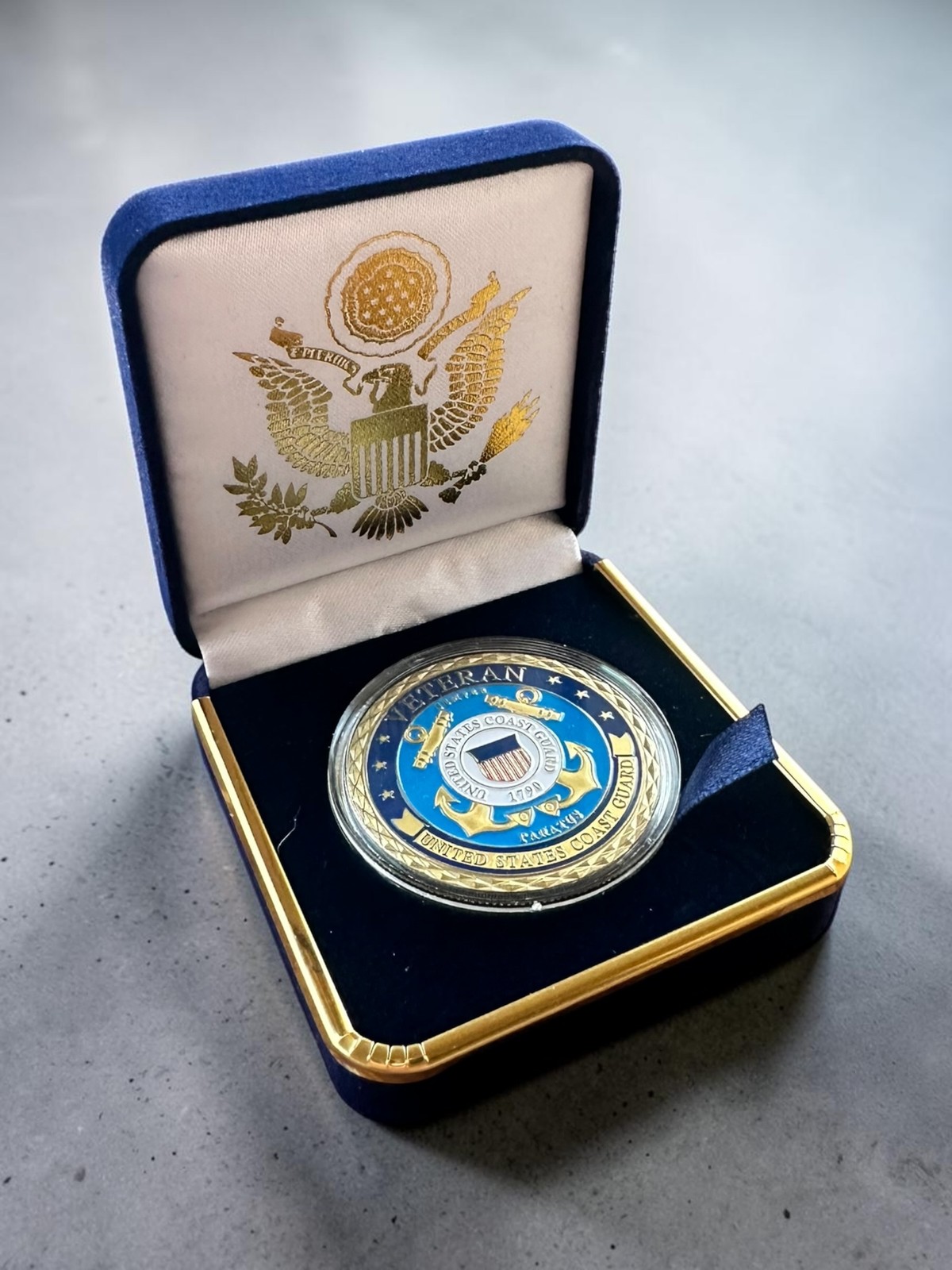 NEW USCG U.S. Coast Guard Veteran Challenge Coin in Velvet Case ·NEW· ·IN STOCK·