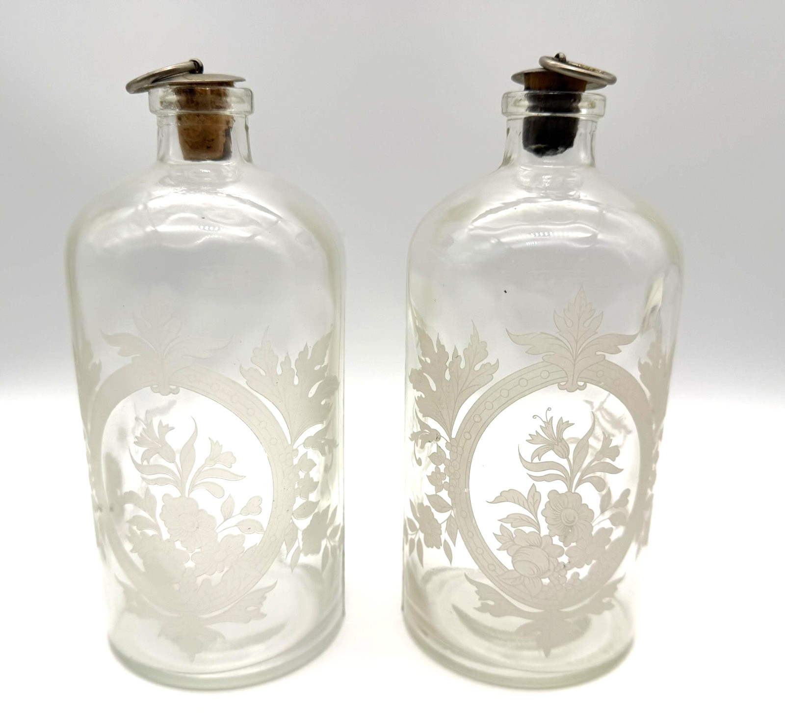 Antique Victorian Frosted Floral Etched Glass Apothecary Bottles Set of 2 Antique Victorian Frosted Floral Etched Glass Apothecary Bottles Set of 2