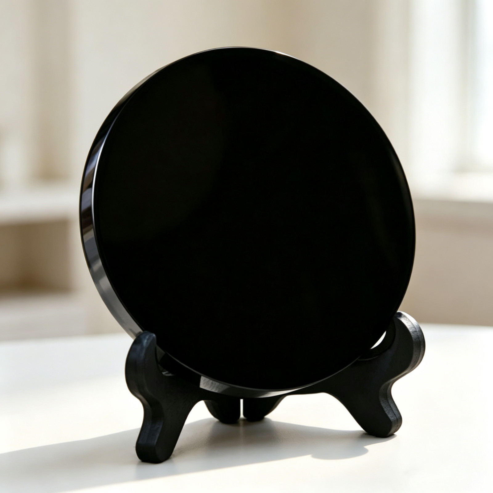 Natural Obsidian Scrying Mirror Reiki Healing Quartz Crystal Decor with Stand