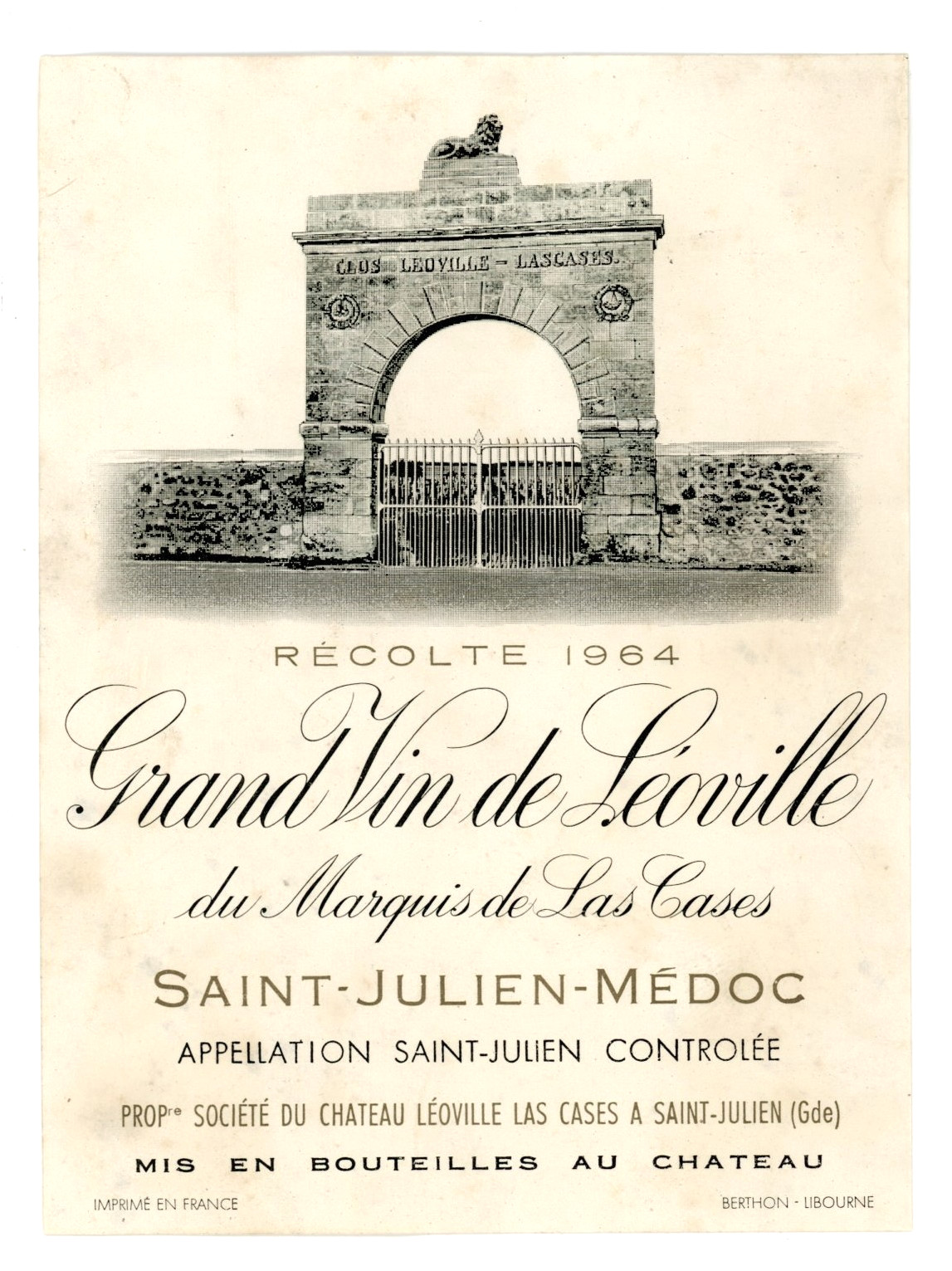 Gran Vin de Leoville Wine Label 1964 France French