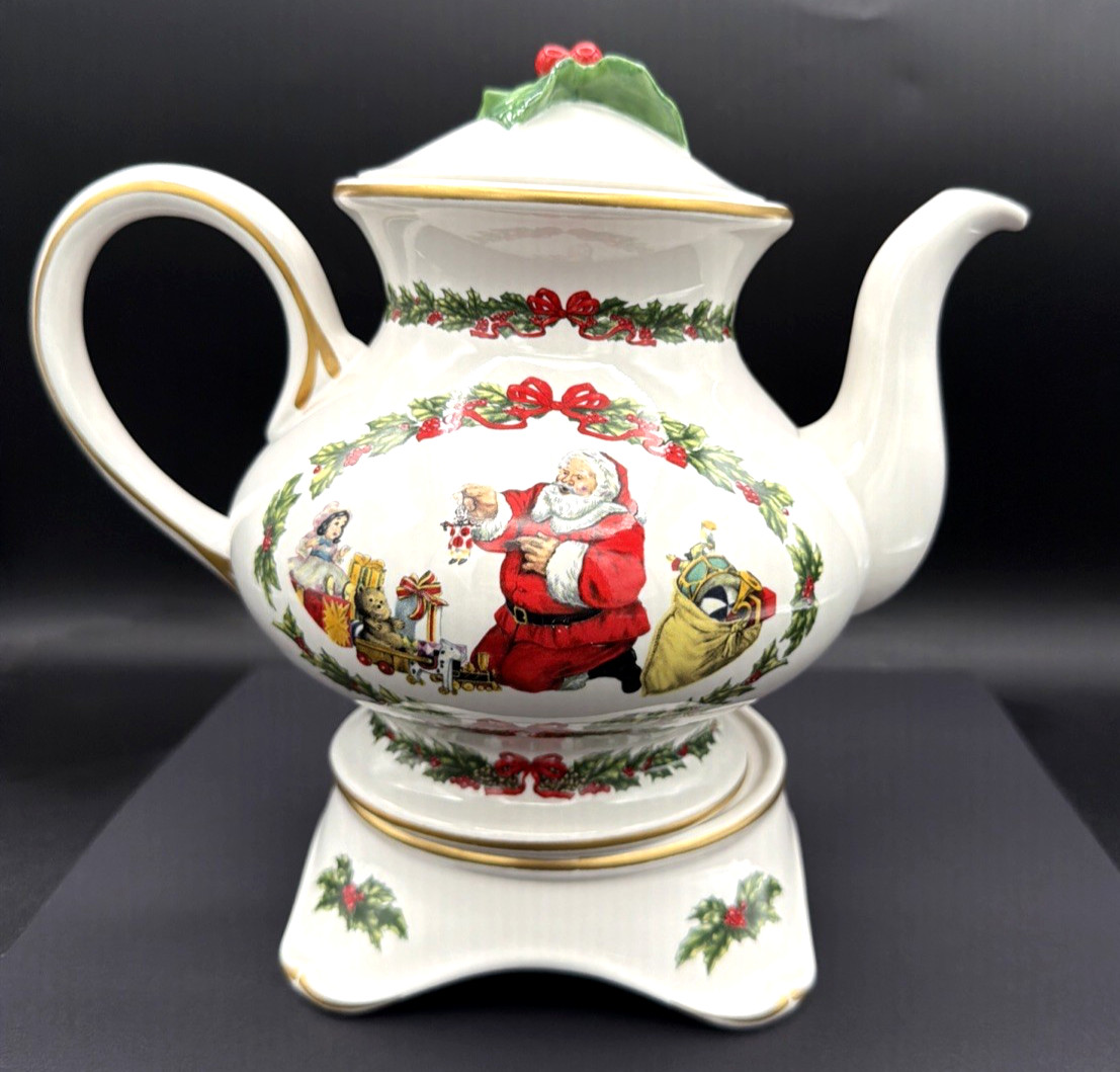 1991 Franklin Mint Night Before Christmas Teapot Fine Porcelain Santa 3 pc *LOOK