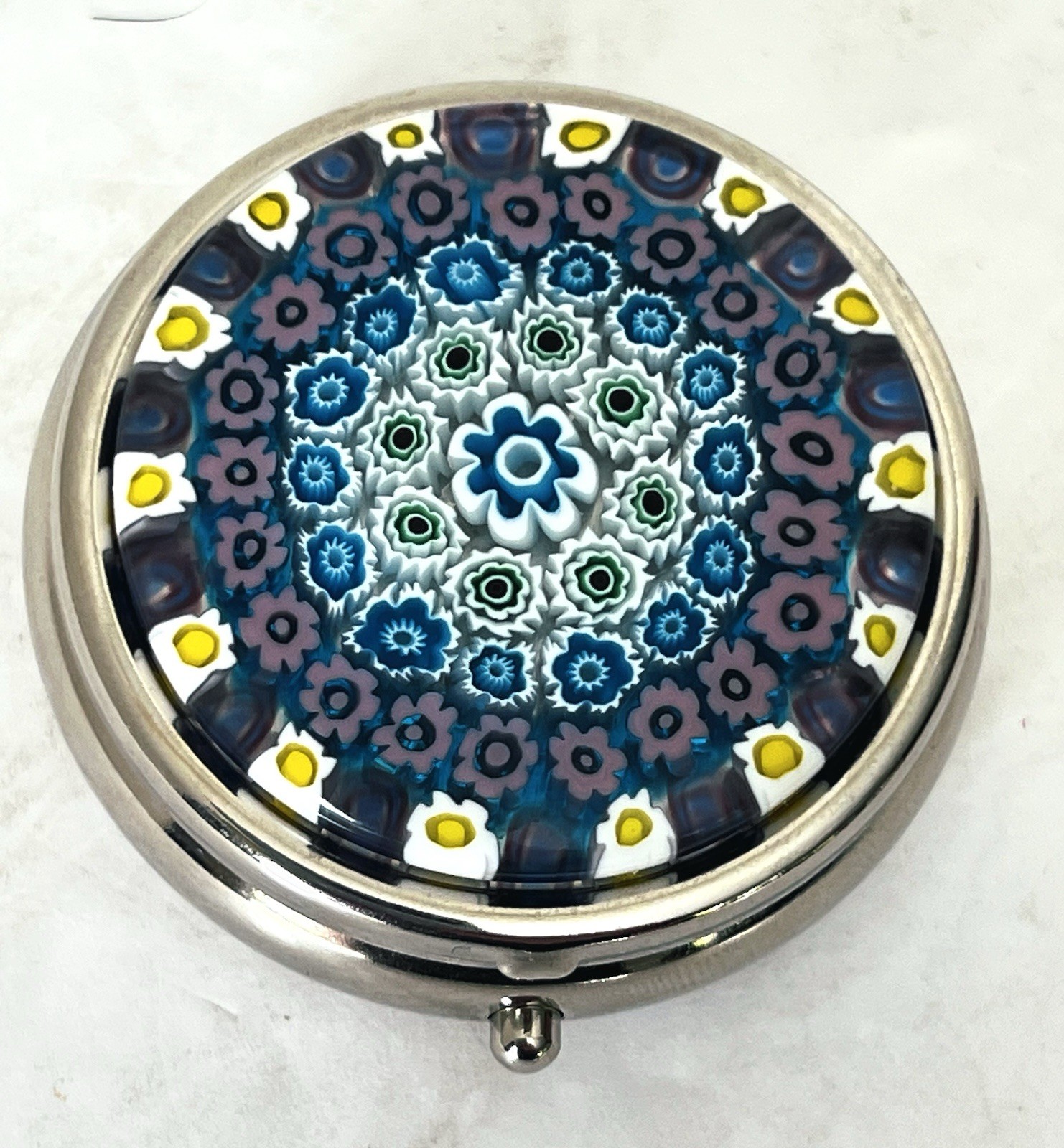 VTG Murano Micro Mosaic Millefiori Glass Silver Tone Pill Box Made In Italy