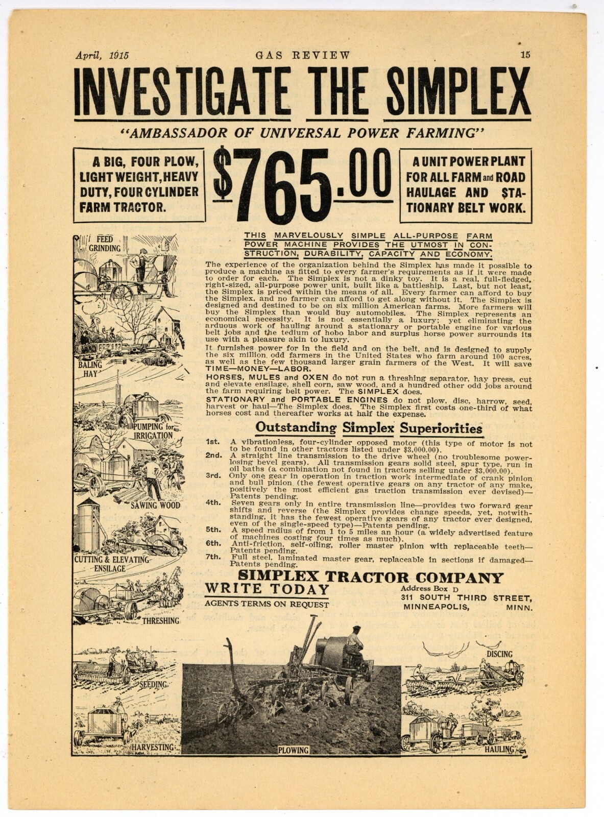 1915 Simplex Tractor Ad: 