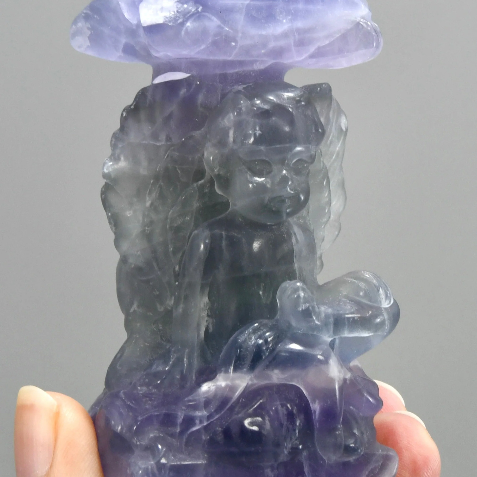 3in Purple Fluorite Carved Crystal Angel Sphere Stand