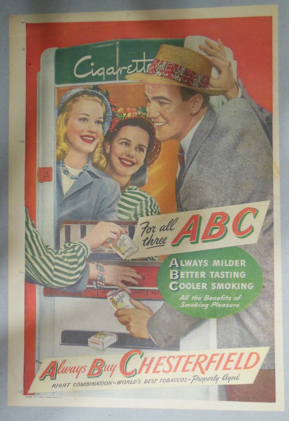Chesterfield Cigarette Ad: ABC = Always Buy Chesterfields  Tabloid Page 1940\'s