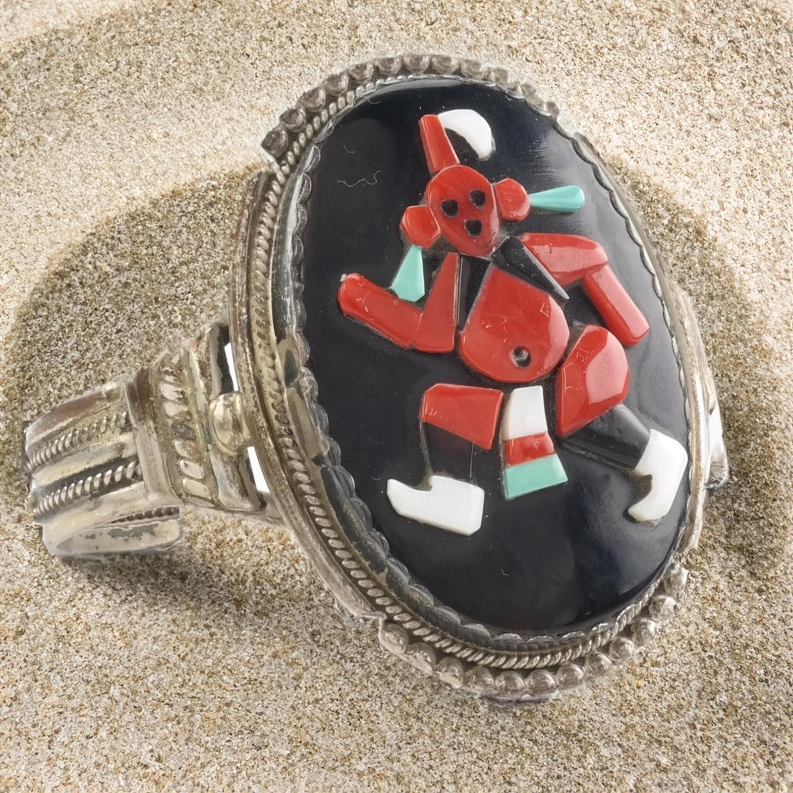 Zuni Coral Inlay Cuff Bracelet Sterling Silver Bev Estate 6 1/4\