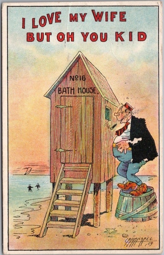 1909 Artist-Signed CARMICHAEL Comic Postcard Peeping Tom on Beach - \