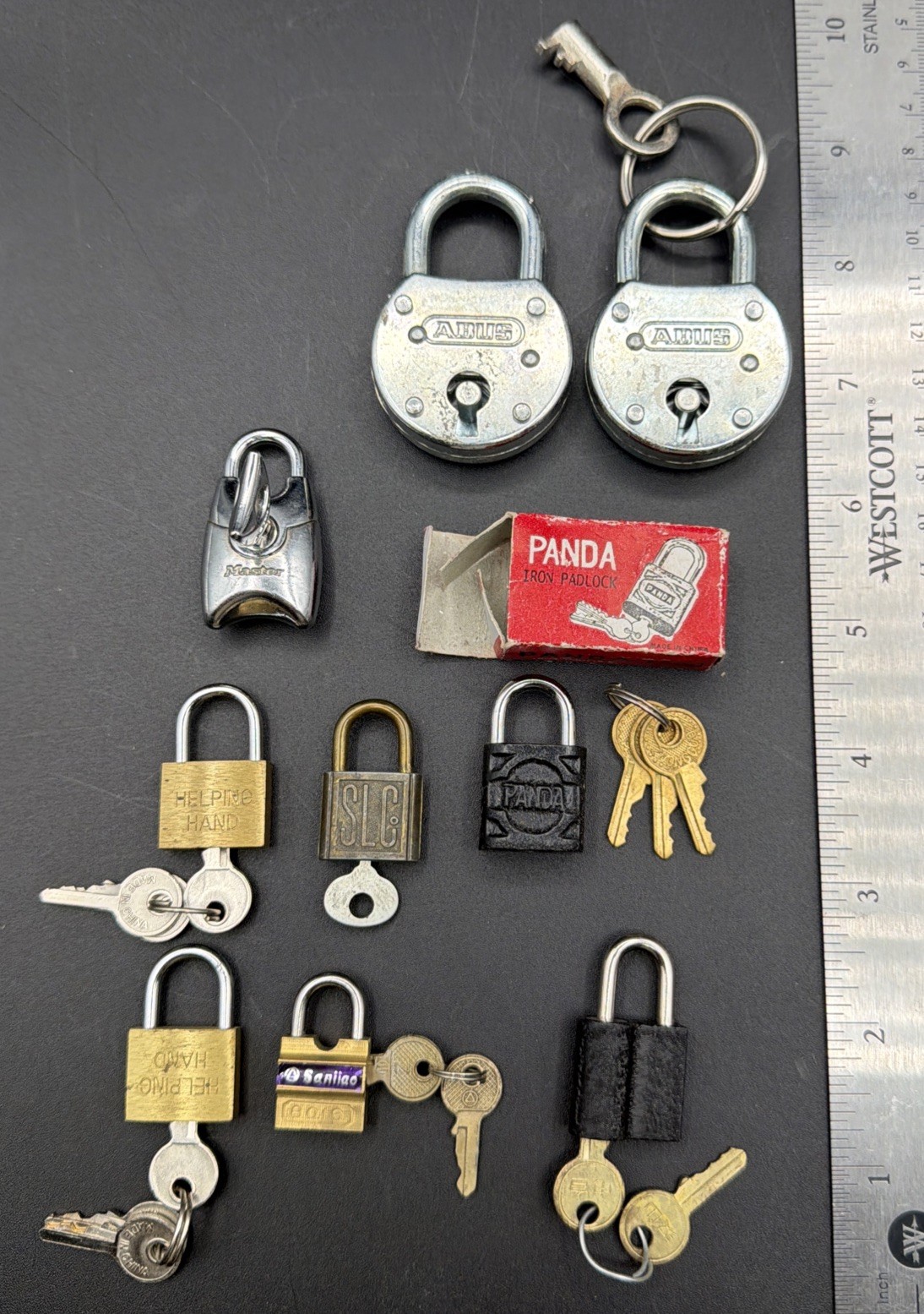 Lot Of 9 Vintage Pad Locks & Keys Mini Lock ABUS Panda SLC Saniiao Japan