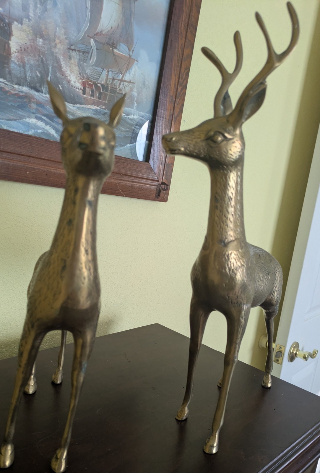 Vintage Large Brass Deer Statuettes Pair Set, Buck & Doe. Vintage Large Brass Deer Statuettes Pair Set, Buck & Doe.