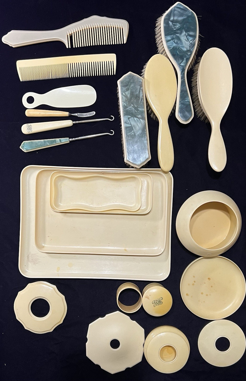 Vintage 1920s Art Deco Celluloid Vanity Dresser Set 21pc Blue Pearl Monogram