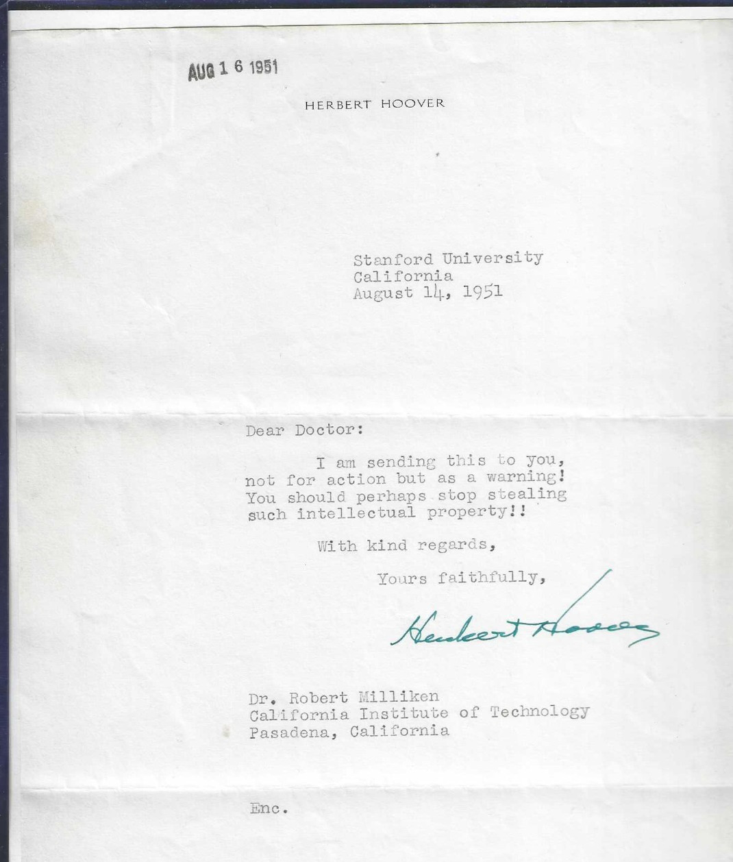 Herbert Hoover Autographed 7x10 1951 Letter United States President JSA Letter