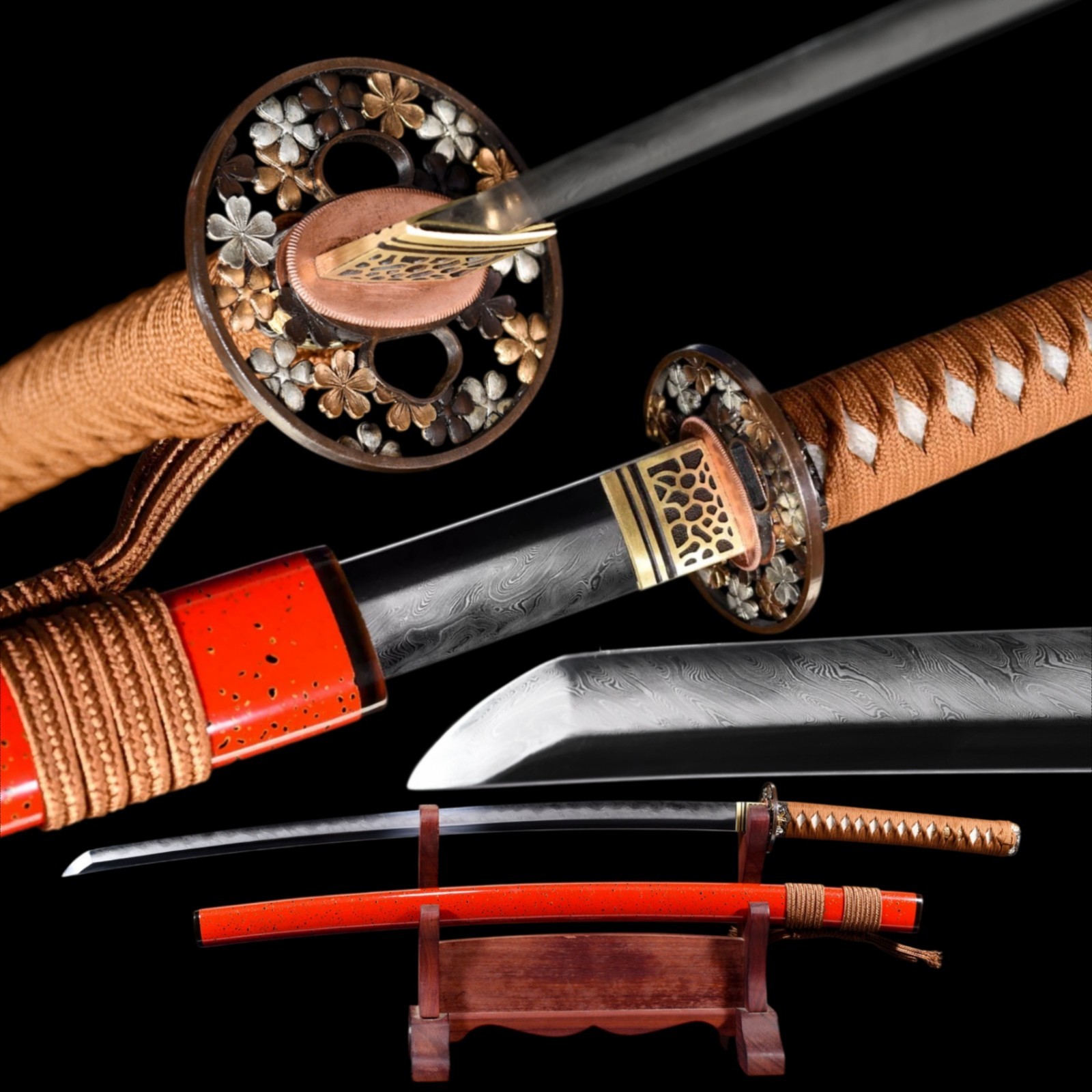 Japanese Sakura Red Katana Forged Damascus Steel Clay Tempered Feather Full Tang Japanese Sakura Red Katana Forged Damascus Steel Clay Tempered Feather Full Tang