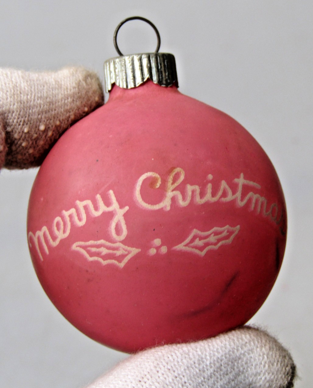 VTG WWII Unsilvered Matte Glass Pictured MERRY Pink Ball Christmas Ornament