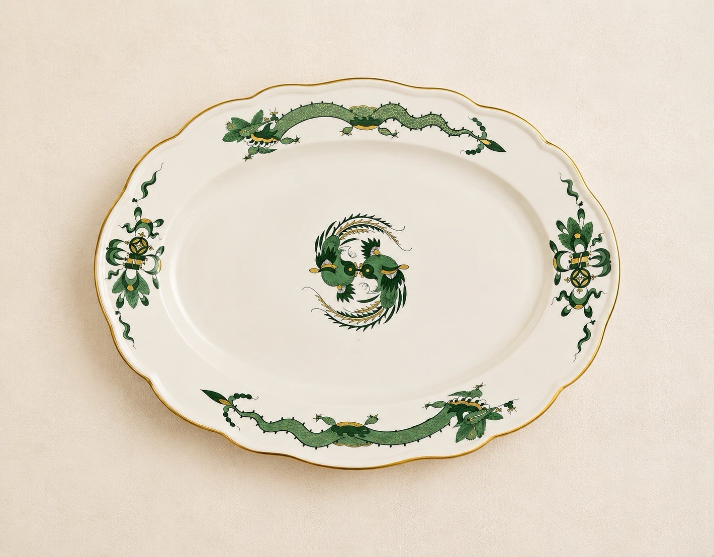 Meissen Green Ming Dragon Oval Serving Platter 1st Quality Gold Trim 14\
