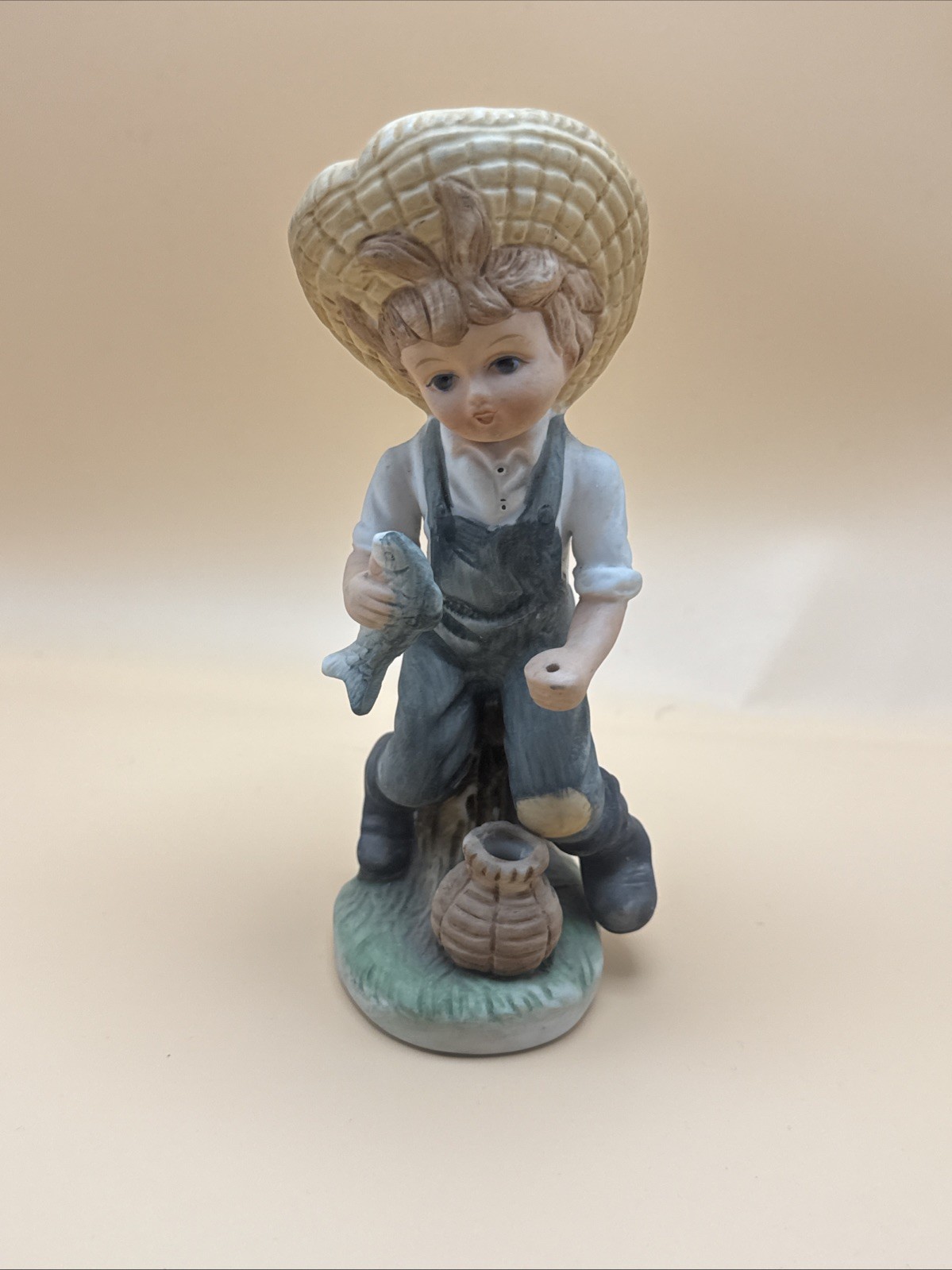Ceramic Boy Fishing Figurine Straw Hat Overalls with Fish and Pot