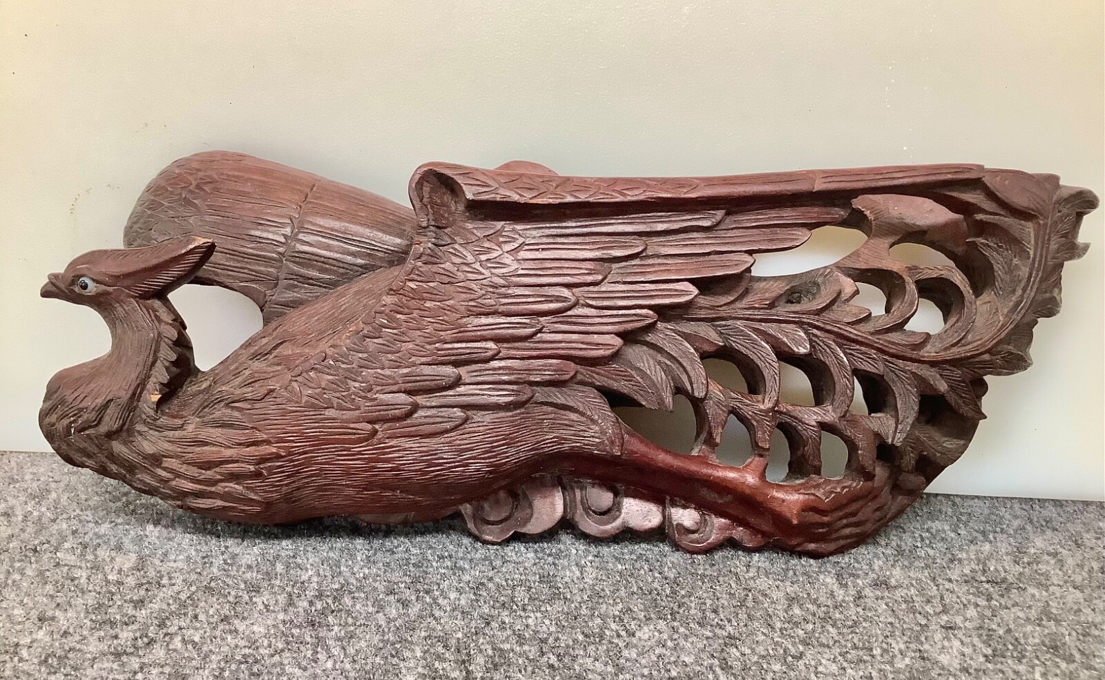 Intricate carved wooden peacock bird of paradise hand made Asian Old KZ