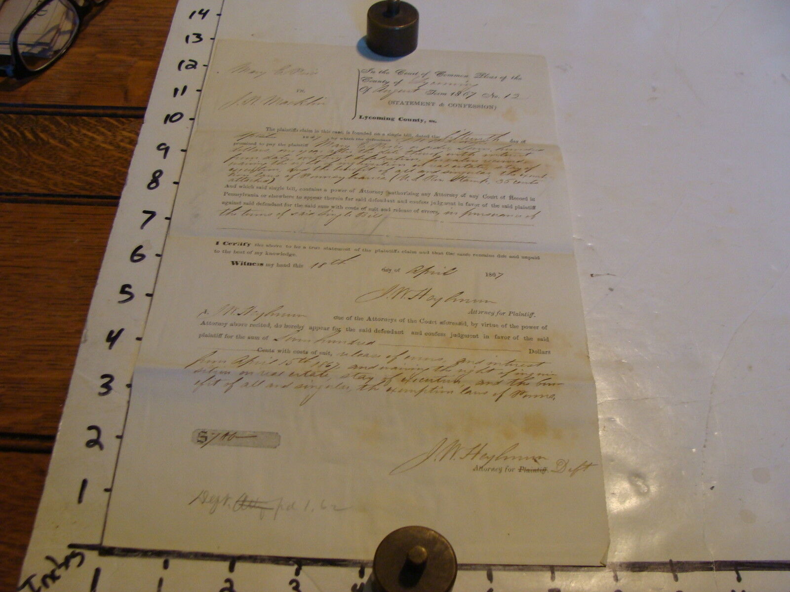 Vintage paper: Court document from April 15,1867, Mary E. Price vs. J. Macklin,