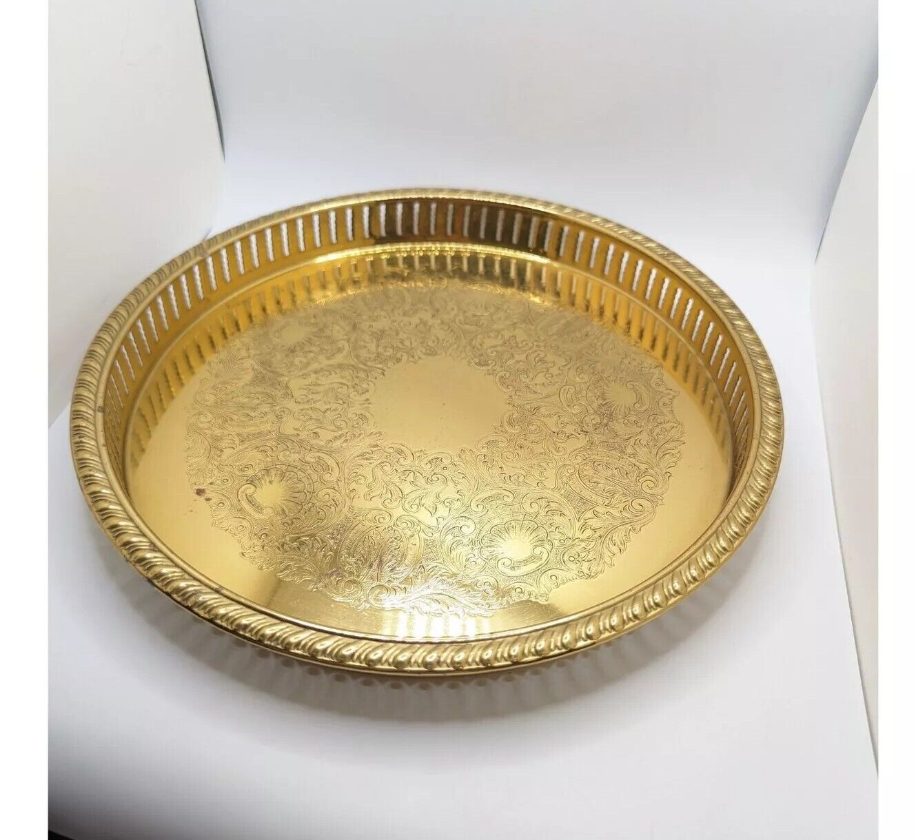 Vintage Brass Ornate Decorative Gold Floral Engraved Tray Etched Present