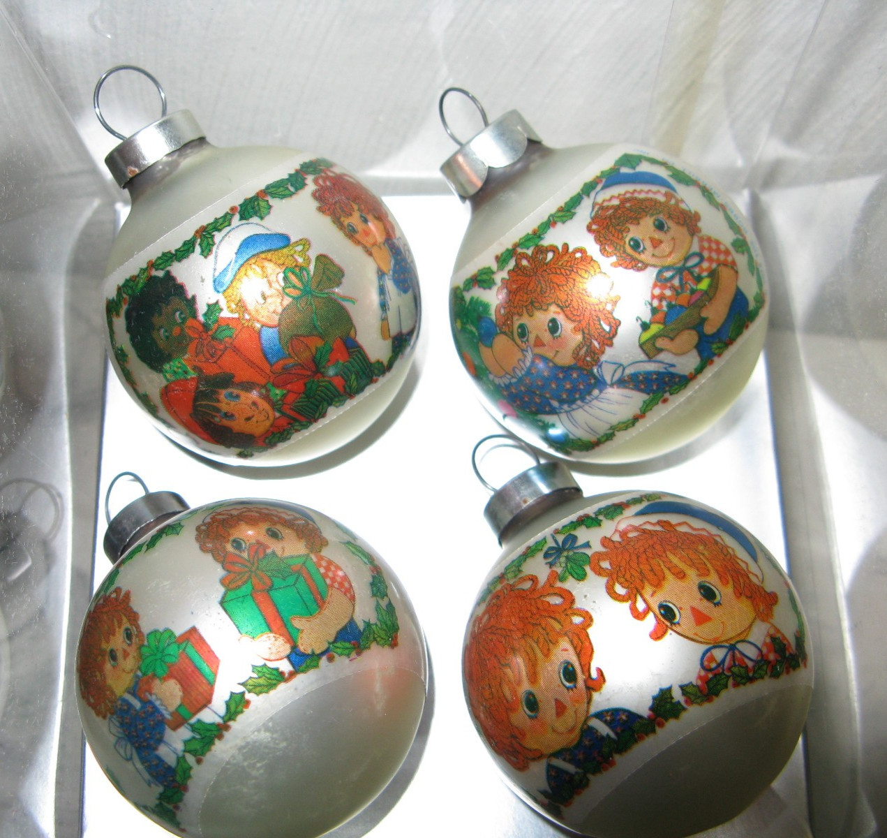 1974 Hallmark Raggedy Ann & Andy Miniature Glass Ball Christmas Ornaments Set/4