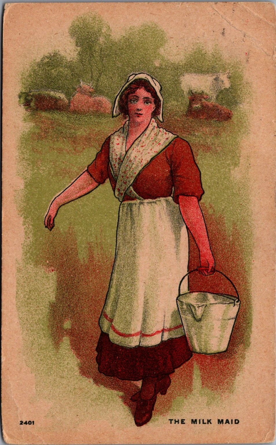1909 The Milk Maid Postcard - Amherst NE Postmark - Farm Rural Theme