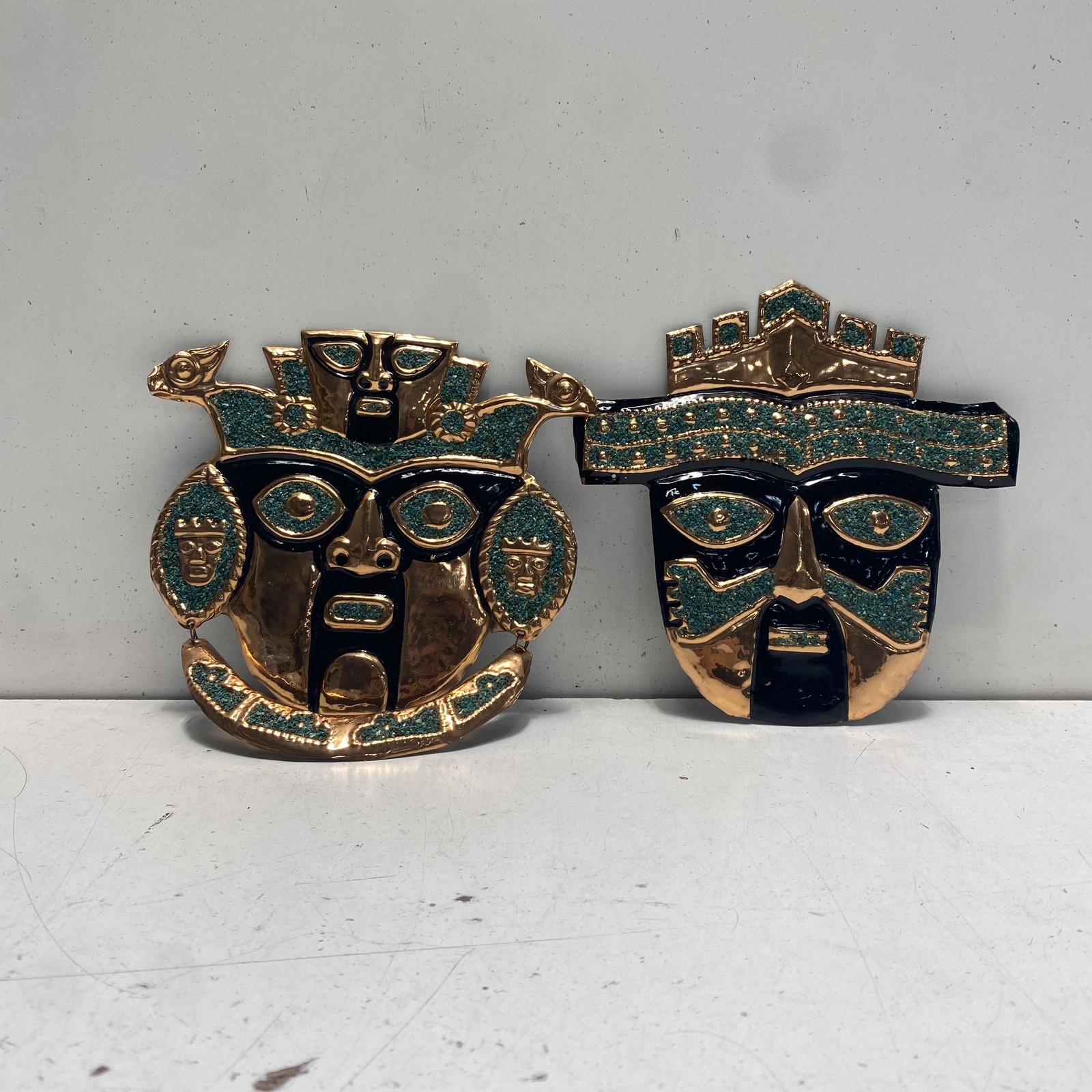 Unsigned Vintage Incan Style Metal Wall Masks Lot 2 Mixed Media 9x9 Art