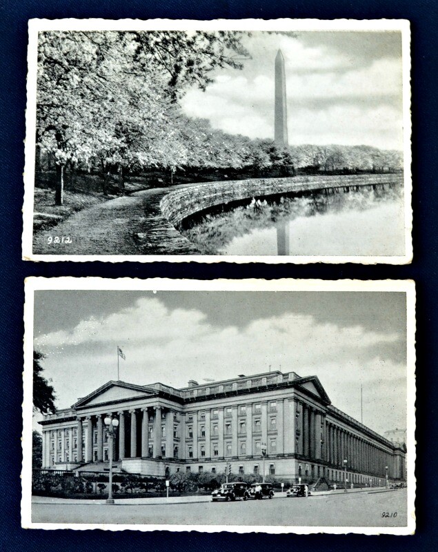 Washington DC Treasury & Washington Monument Postcards (2) PC 1930s Silvercraft