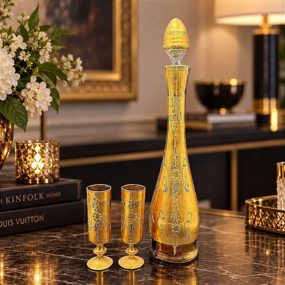 Tall Vintage Ardalt Italy Gold Glass Decanter Set with 2 Cordial Glasses
