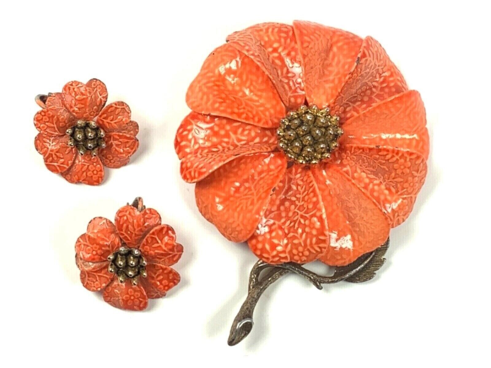 Hedy Orange Enamel Flower Costume Brooch & Clip On Earring Set w/ Floral Motif