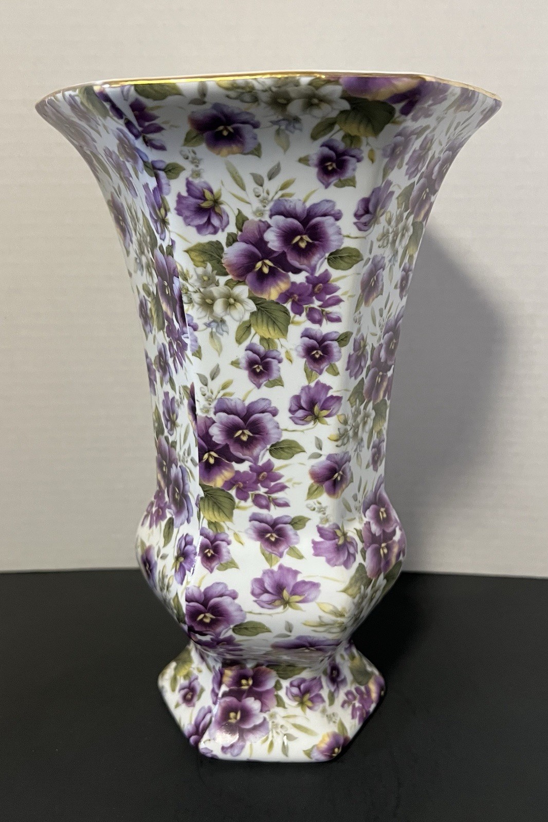 Formalities by Baum Bros Large Vase Purple Pansy Gold Rim Hexagon 10”H Vintage Formalities by Baum Bros Large Vase Purple Pansy Gold Rim Hexagon 10”H Vintage