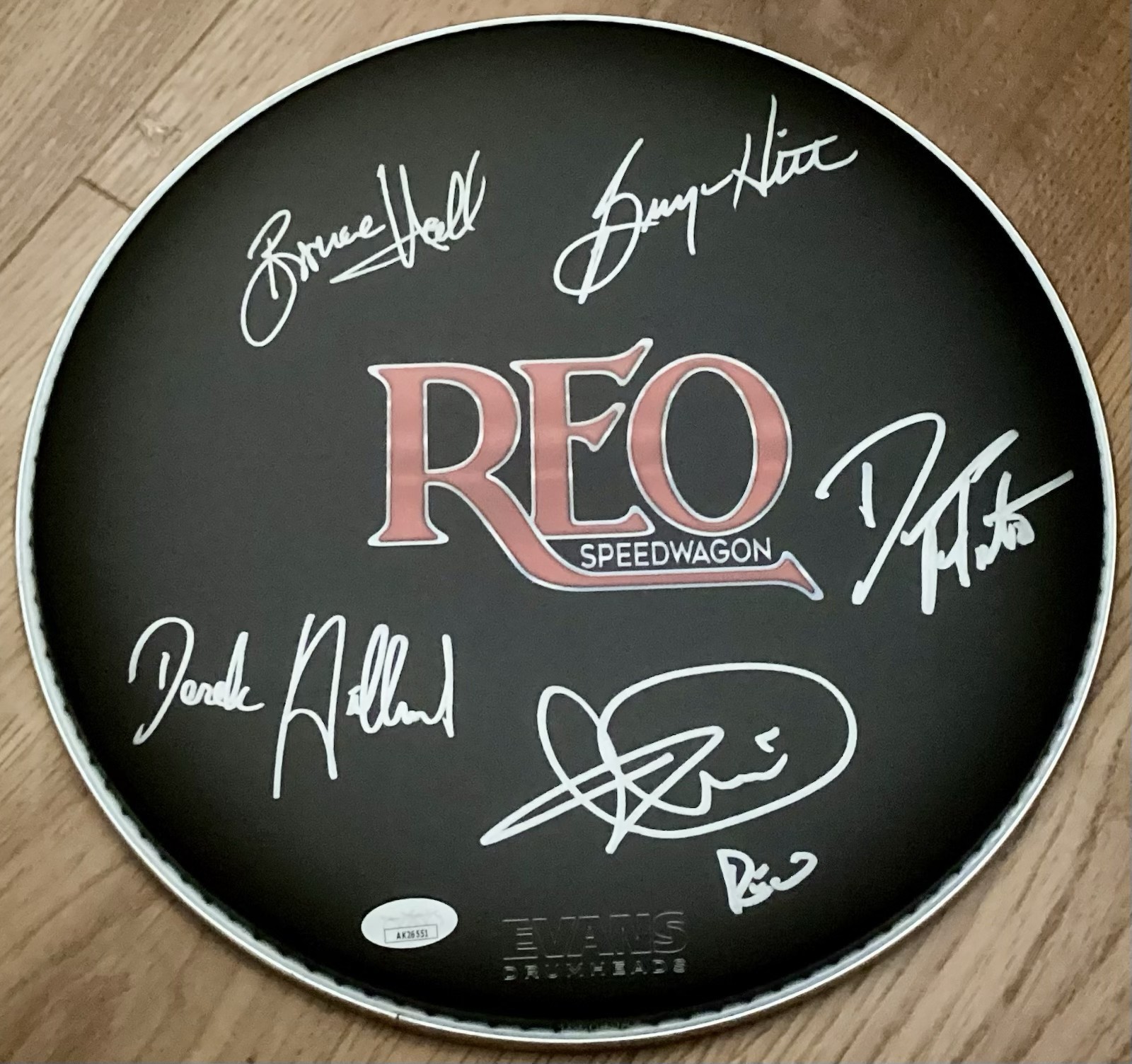 REO Speedwagon complete group autograph autographed signed logo drumhead JSA COA
