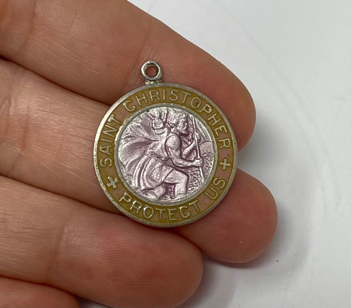 Vtg 1960’s Sterling Silver Enamel SAINT CHRISTOPHER MEDAL Pendant Infinity Mark Vtg 1960’s Sterling Silver Enamel SAINT CHRISTOPHER MEDAL Pendant Infinity Mark