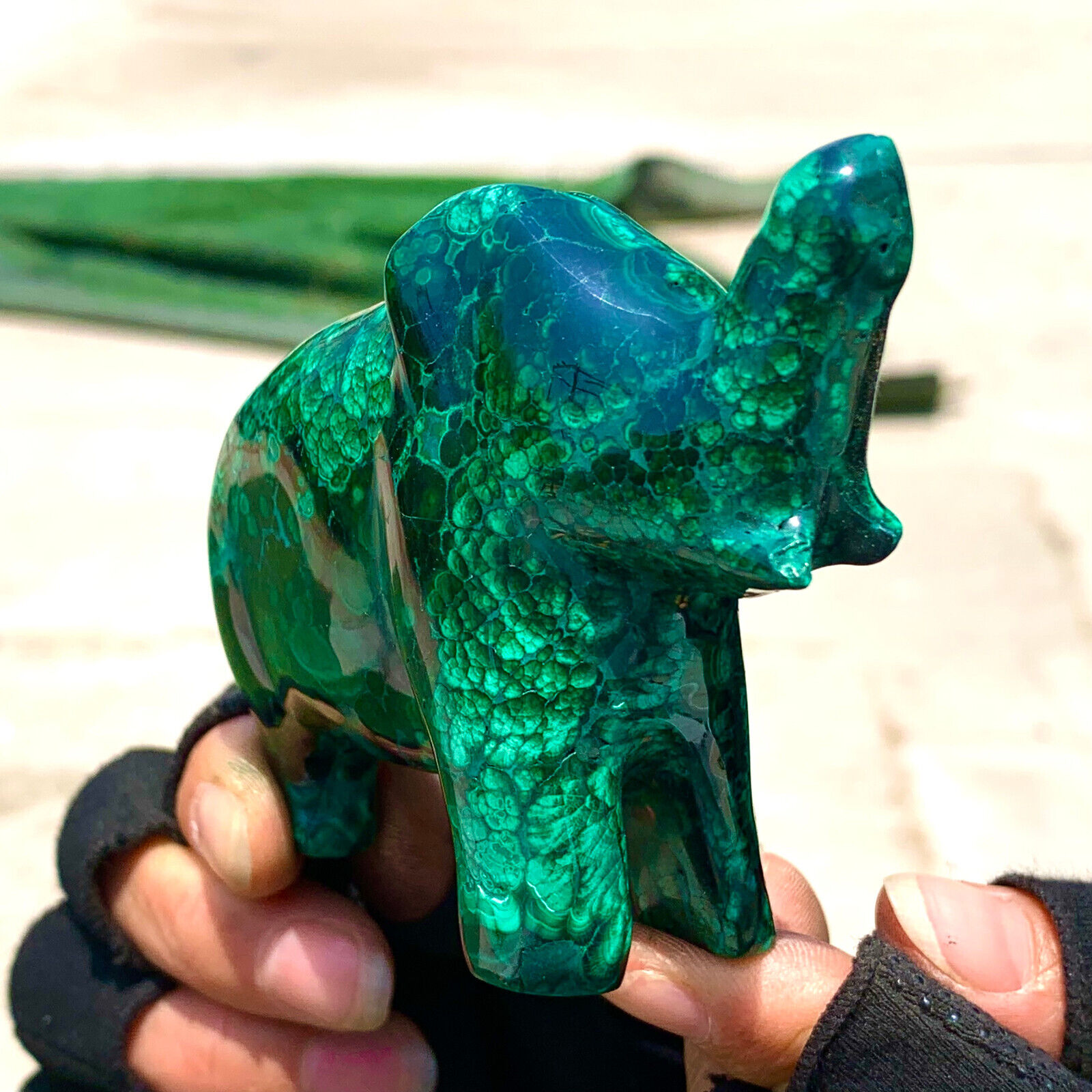 281G Natural glossy Malachite Crystal  Handcarved elephant mineral sample