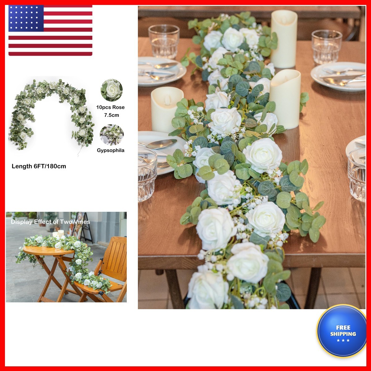 6FT Artificial Eucalyptus White Flower Garland Roses & Baby's Breath